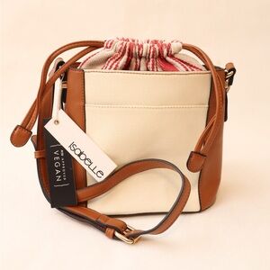 NWT Isabelle Vegan Leather Tan Cream Women's Crossbody Bag with Drawstring Pouch
